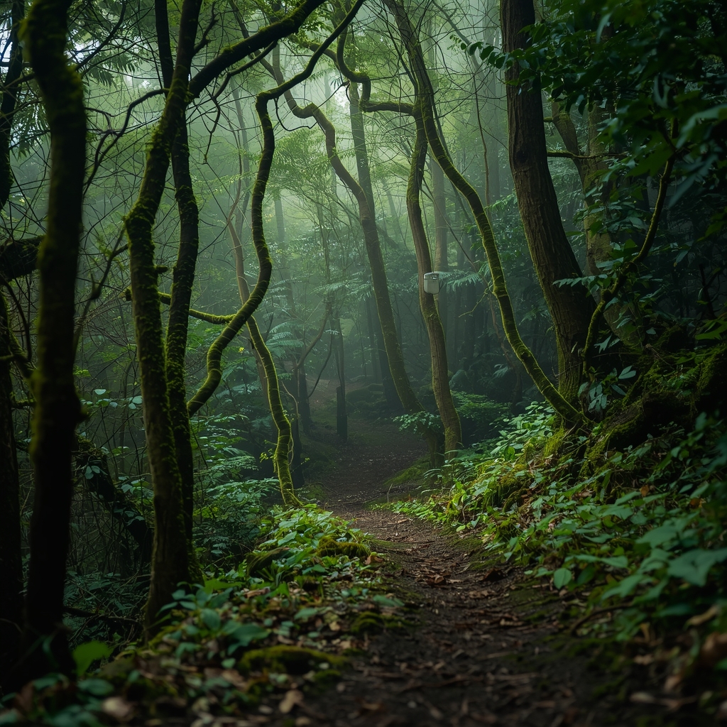 A dense, vibrant green rainforest trail with moss-covered trees, misty atmosphere, subtle solar-powered trail markers, no people. Cinematic exploration theme.